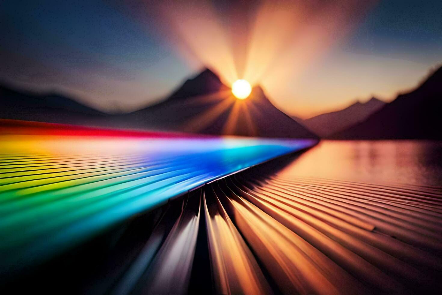the sun is shining brightly over a rainbow colored road. AI-Generated photo