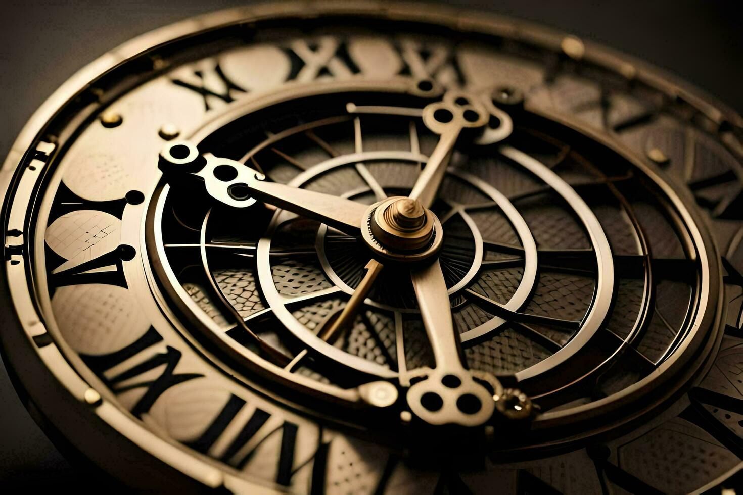 a close up of a gold clock with roman numerals. AI-Generated photo