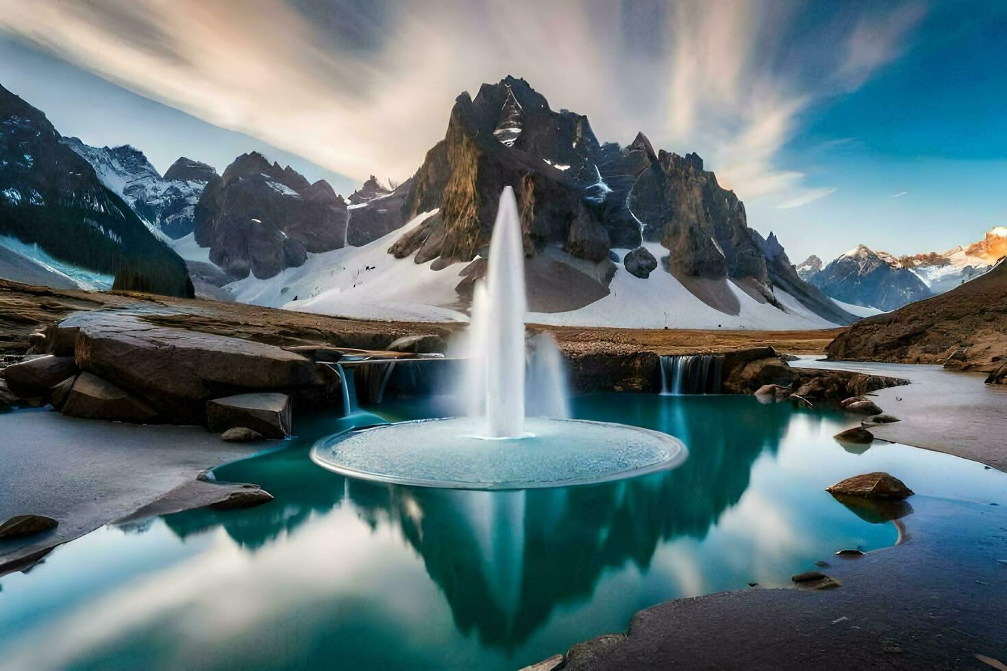 the water fountain in the middle of the lake is reflecting the mountains. AI-Generated photo