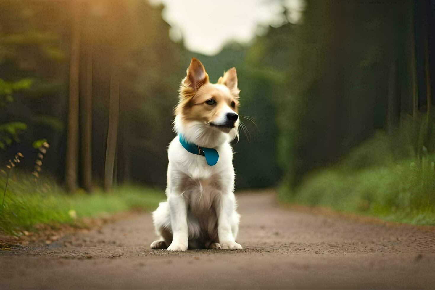 a dog sitting on the road in the middle of a forest. AI-Generated photo