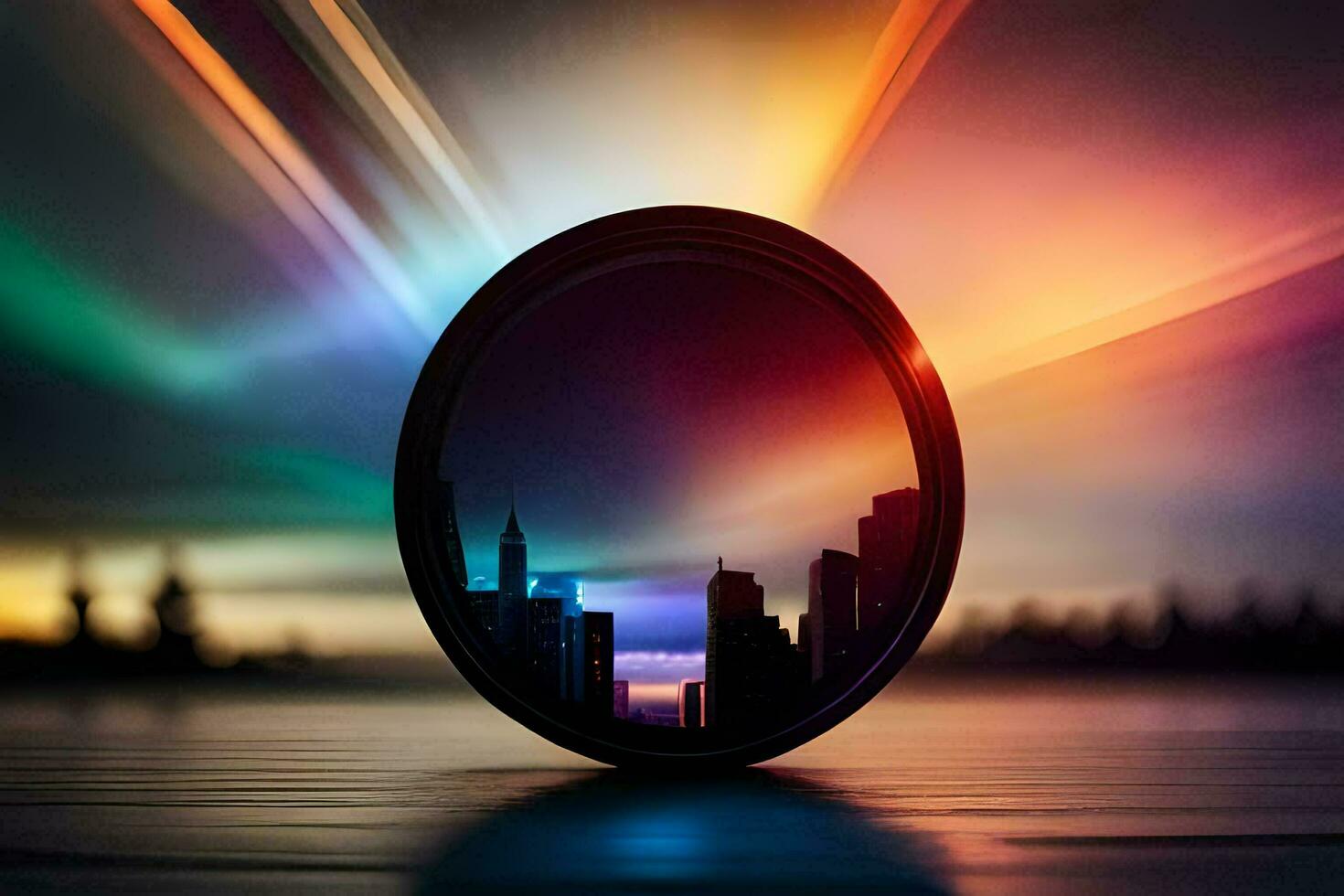 a cityscape is reflected in a lens. AI-Generated photo