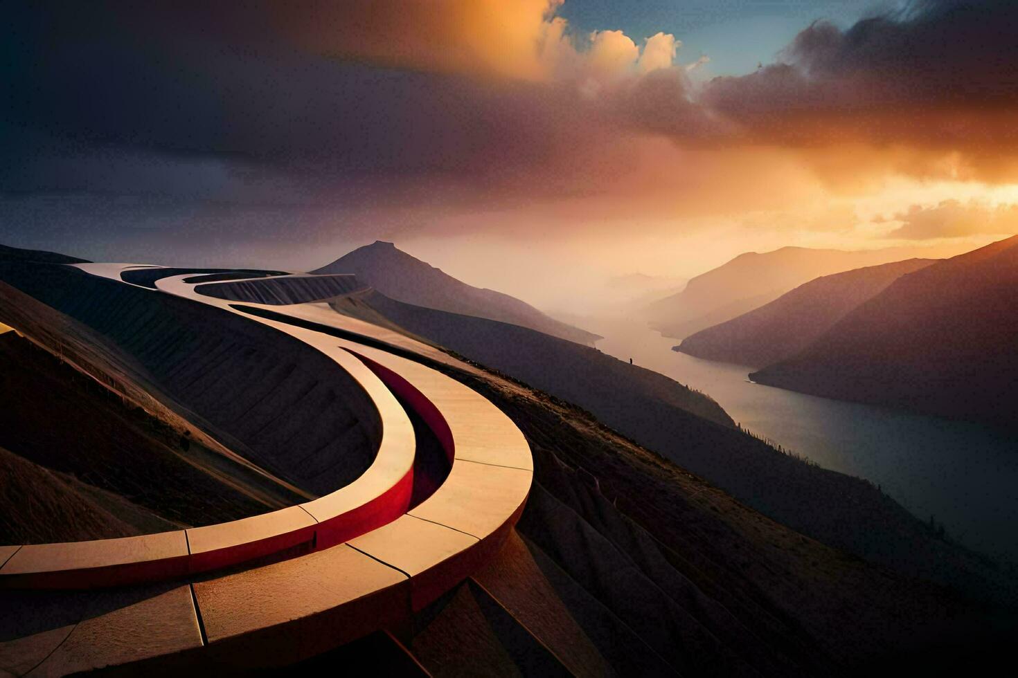 a curved road in the mountains with a sunset. AI-Generated photo