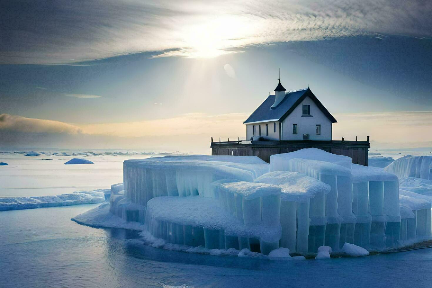 a small house sits on top of an iceberg. AI-Generated photo