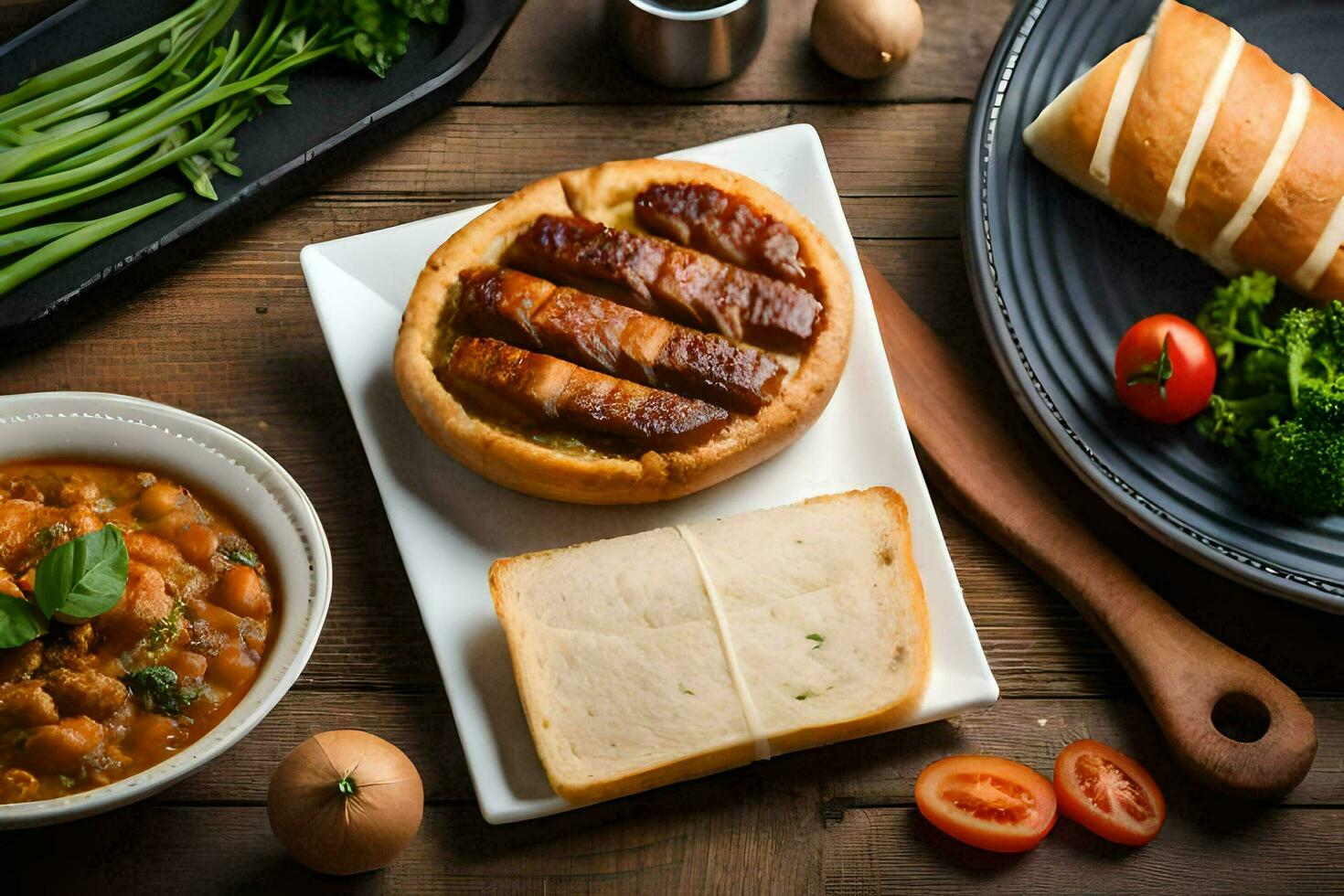 a table with food and bread on it. AI-Generated photo