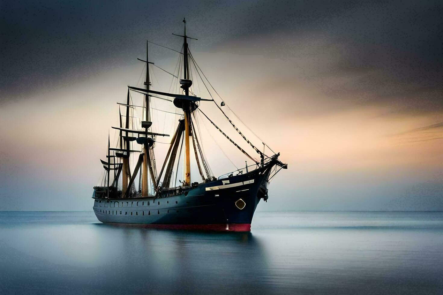 a large sailing ship in the ocean at sunset. AI-Generated photo