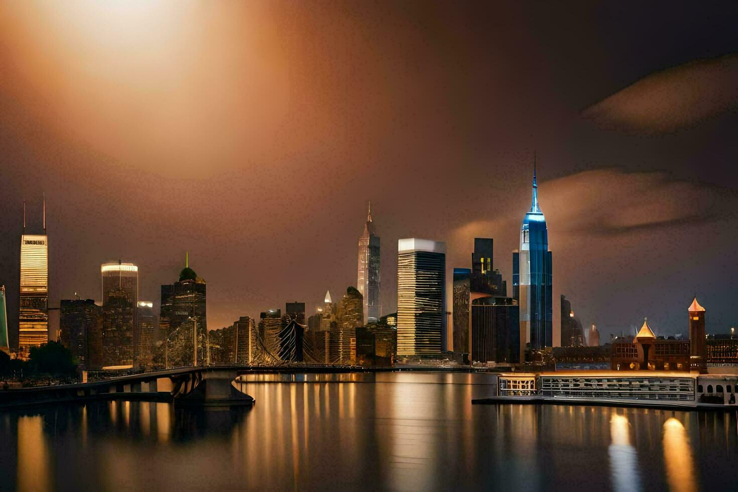 el ciudad horizonte a noche con un brillante Luna. generado por ai foto