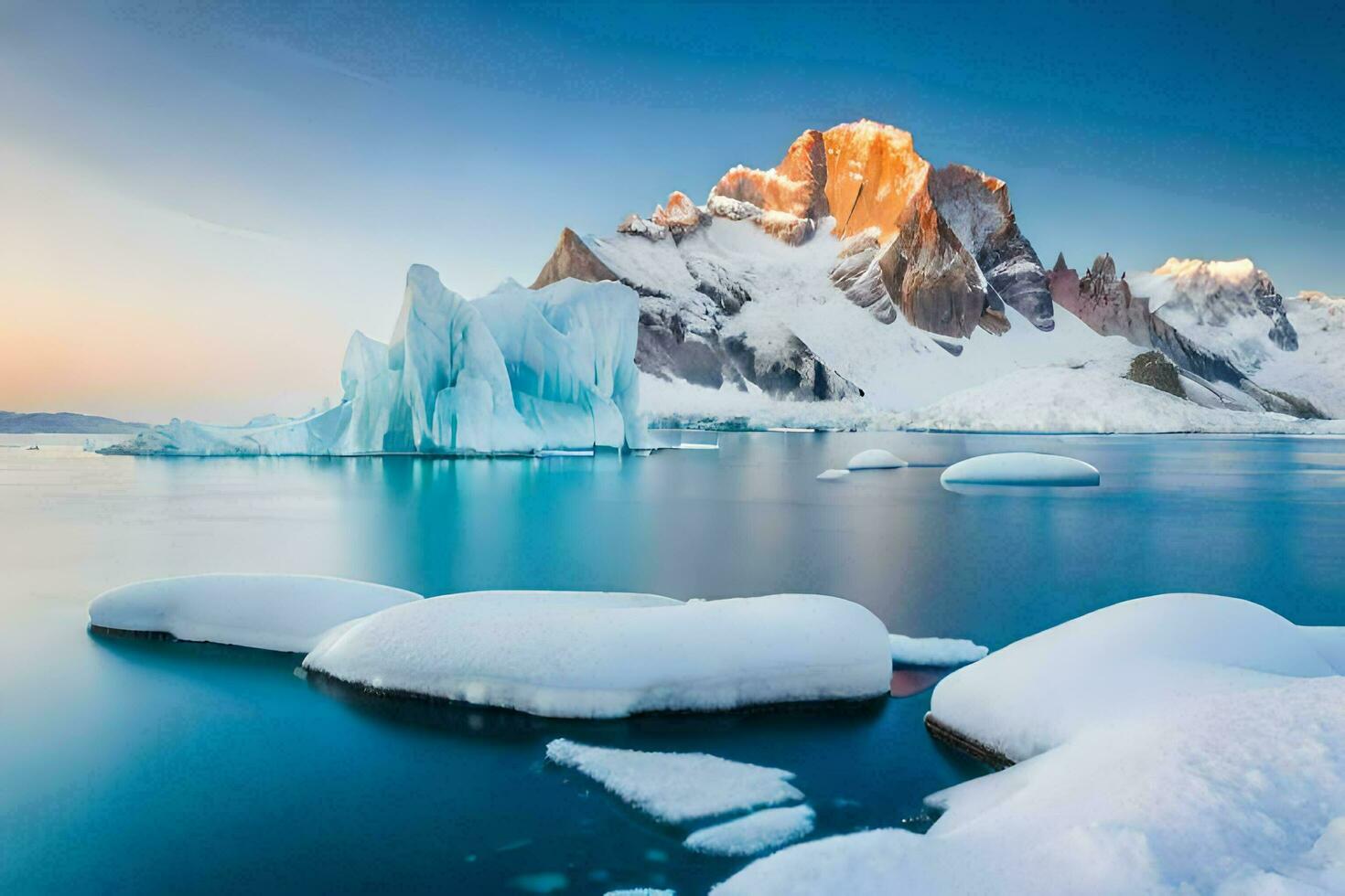 icebergs float in the water near a mountain. AI-Generated photo