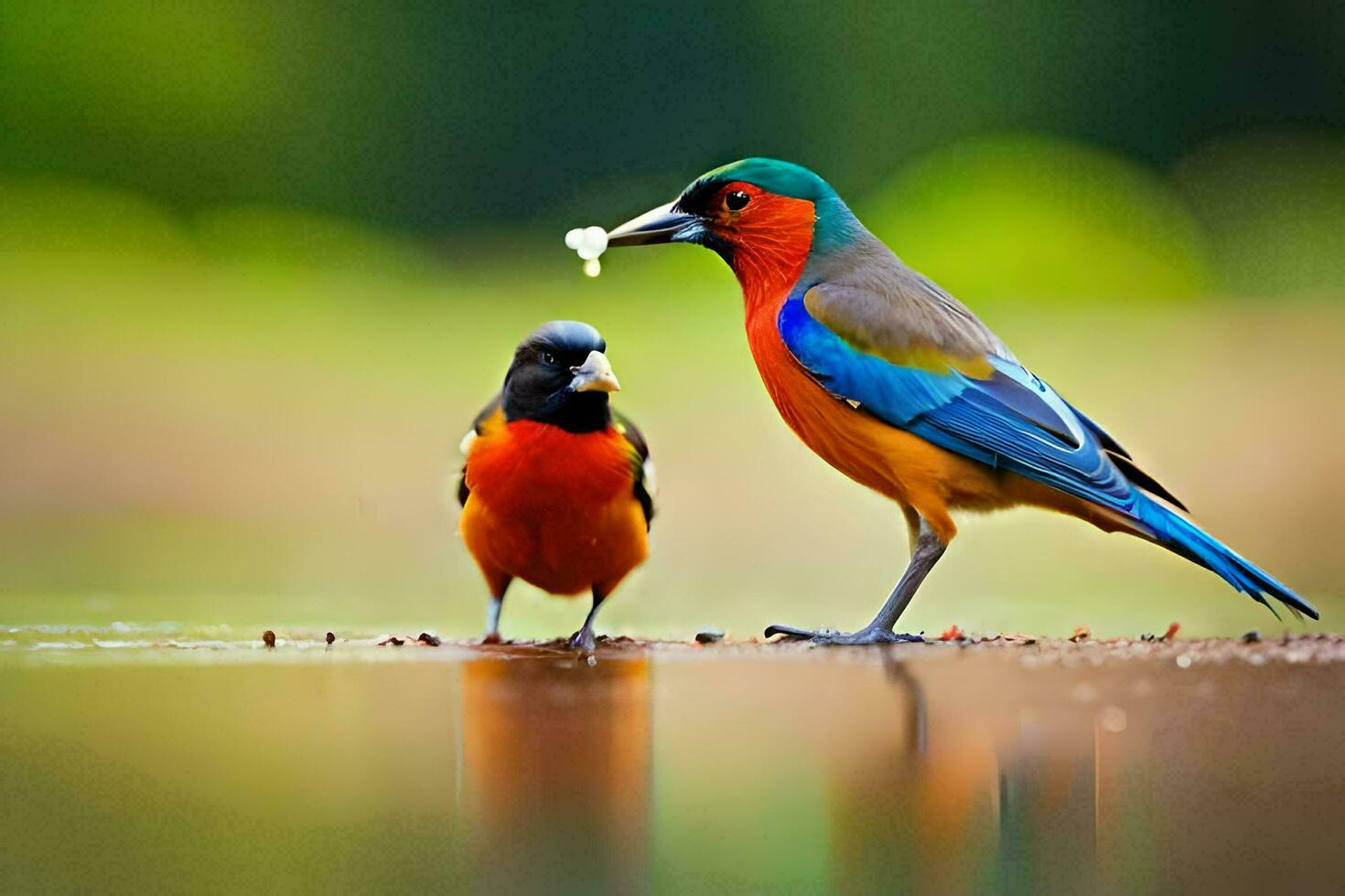 two colorful birds standing on the ground near water. AI-Generated photo