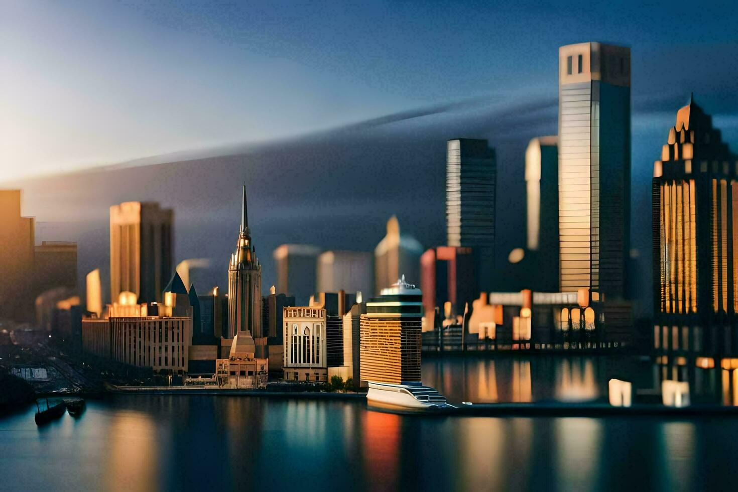 a city skyline is shown in a photo taken from a boat. AI-Generated