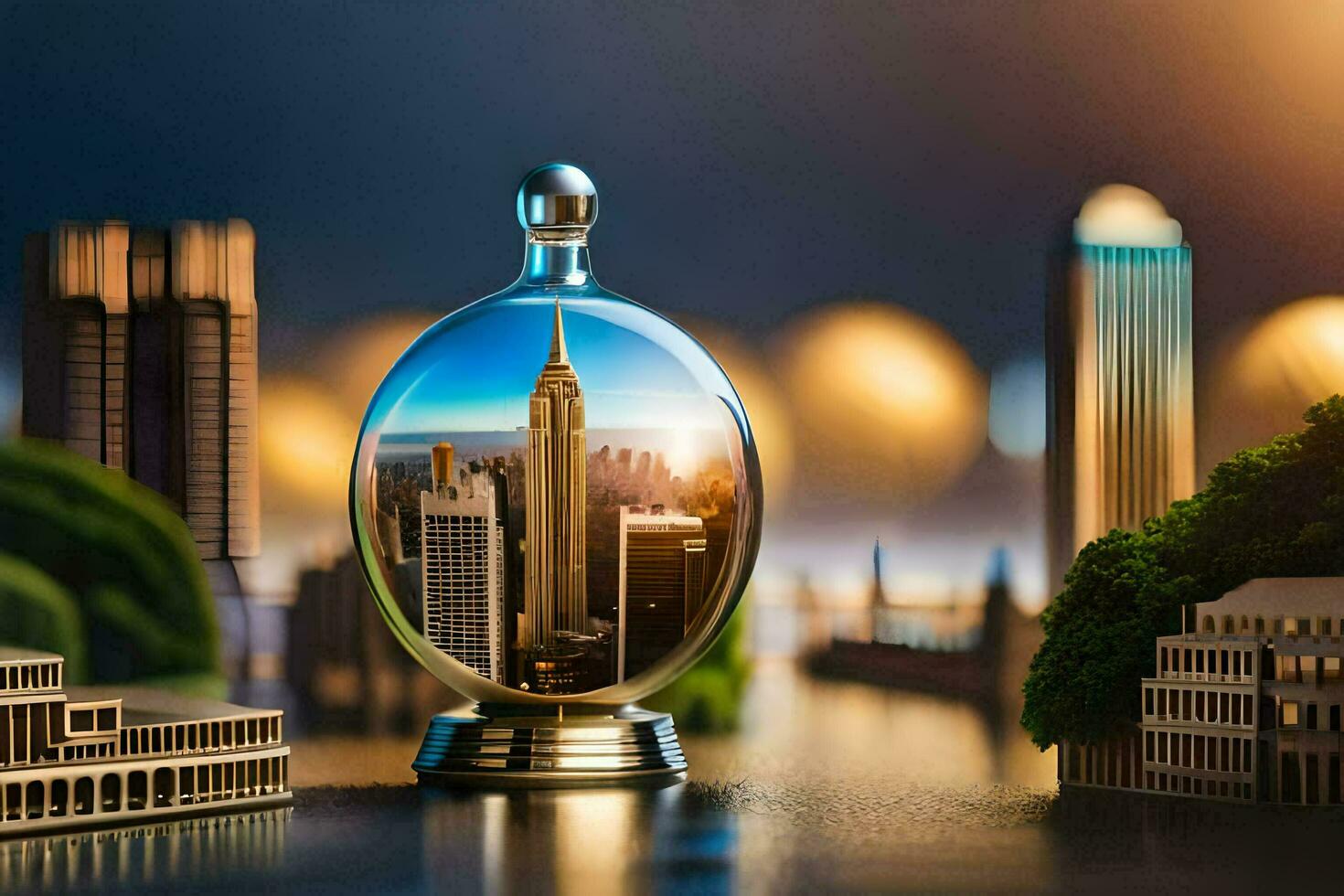 a cityscape in a glass bottle with a city skyline. AI-Generated photo