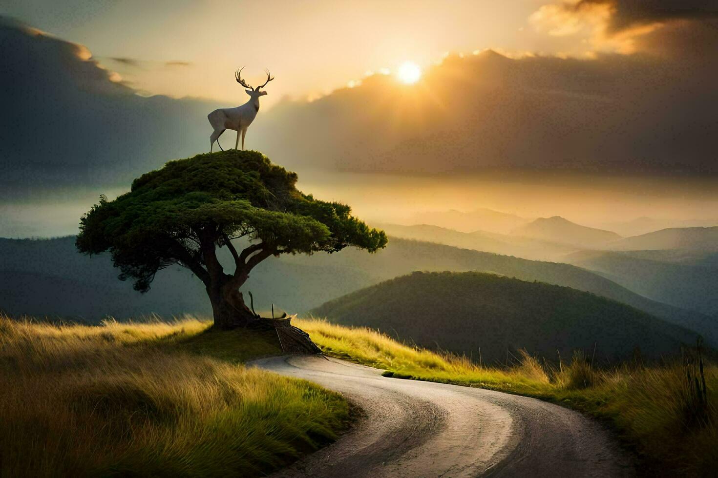 the deer is standing on the top of a tree in the middle of the road. AI-Generated photo