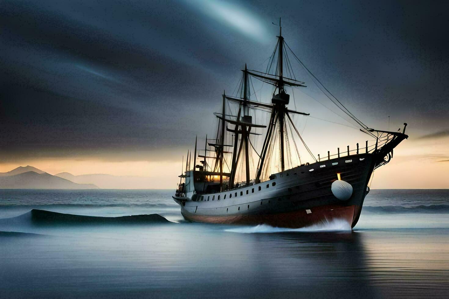 a ship in the ocean at sunset. AI-Generated photo