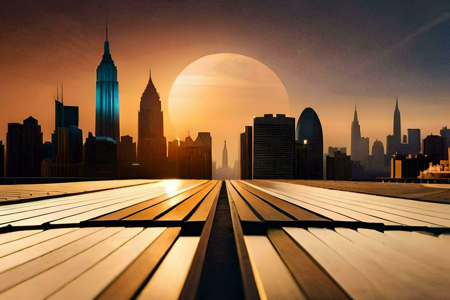 the sun is setting over a city skyline. AI-Generated photo