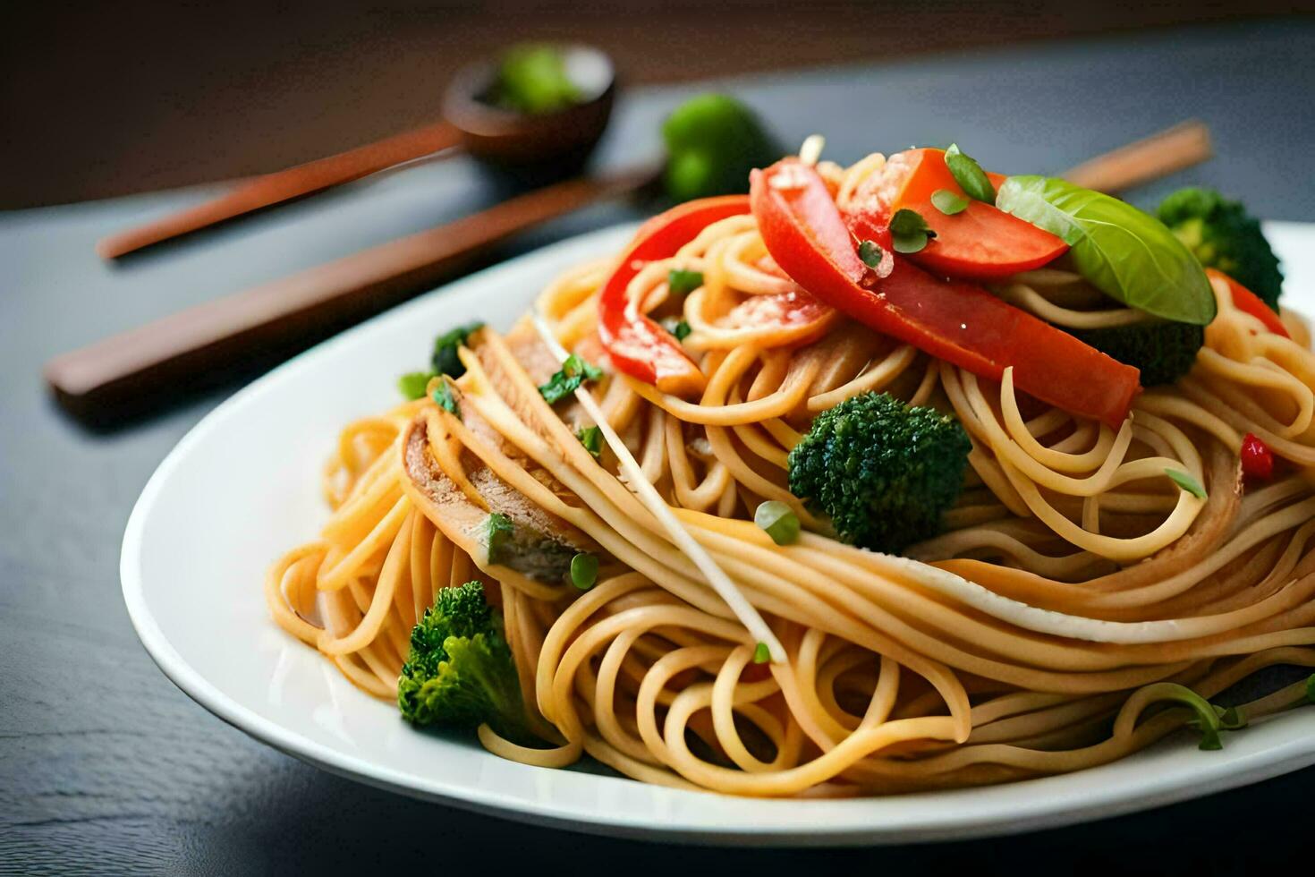 un plato de tallarines con vegetales y palillos. generado por ai foto