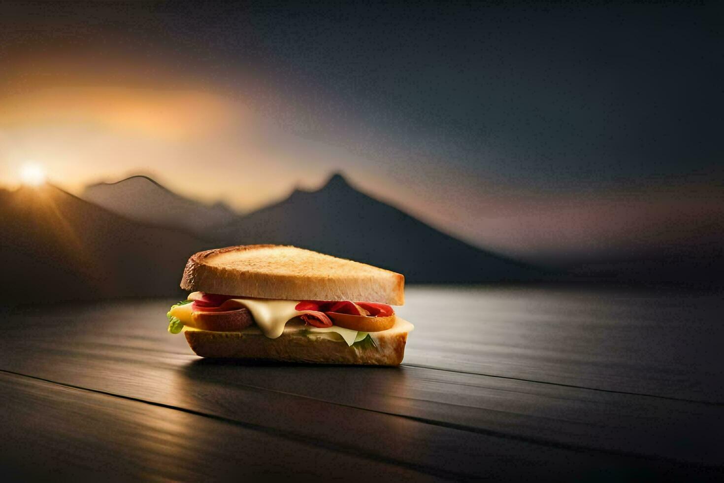 un emparedado se sienta en un mesa en frente de un montaña. generado por ai foto