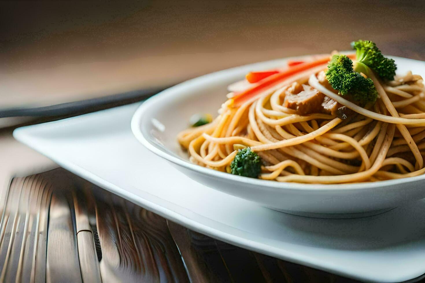 a plate of noodles with broccoli and meat. AI-Generated photo