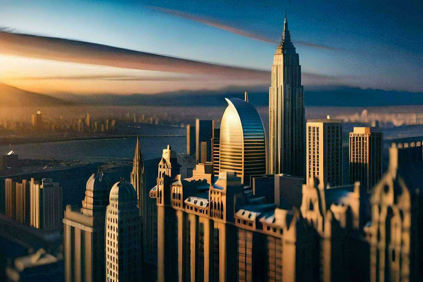 a cityscape with tall buildings and a large sky. AI-Generated photo