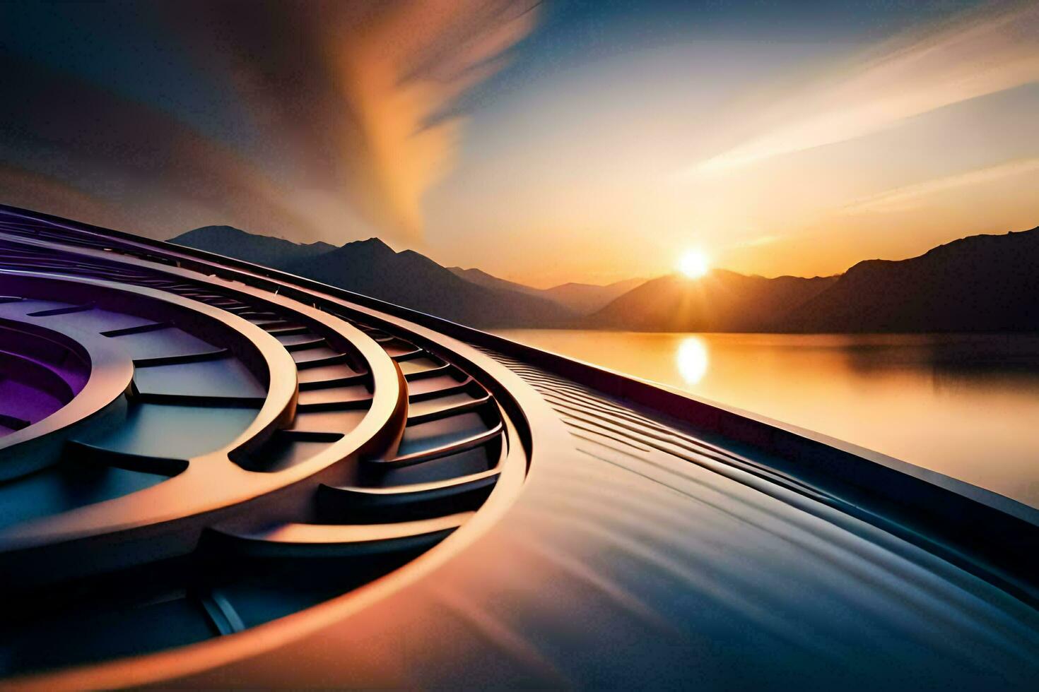 un espiral escalera en frente de un lago y montañas. generado por ai foto