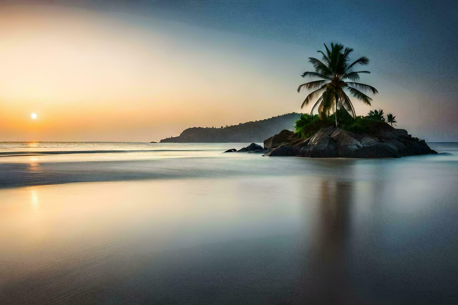 the sun sets on a beach with a palm tree. AI-Generated photo