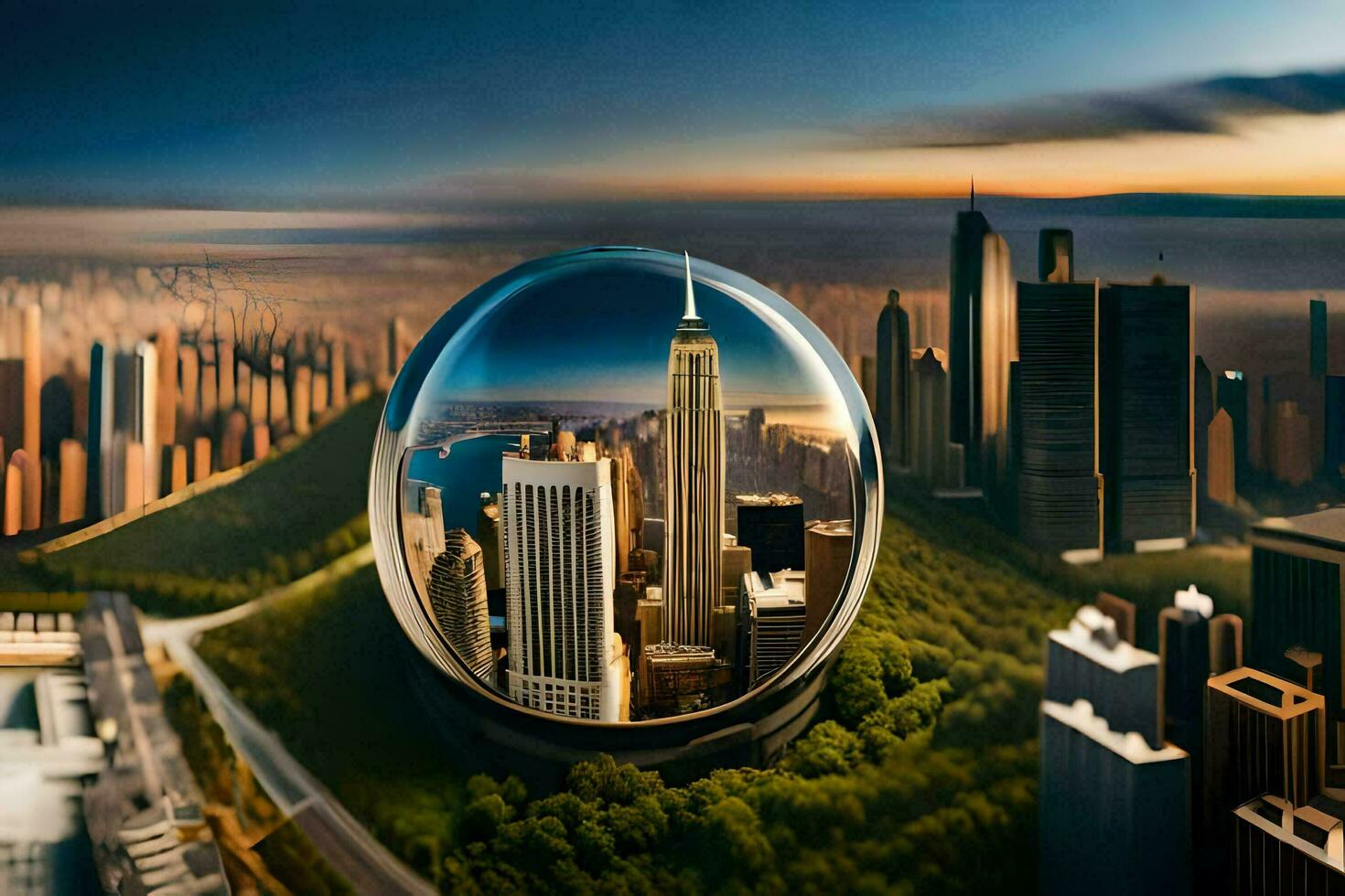 a city in a glass sphere with a view of the skyline. AI-Generated photo