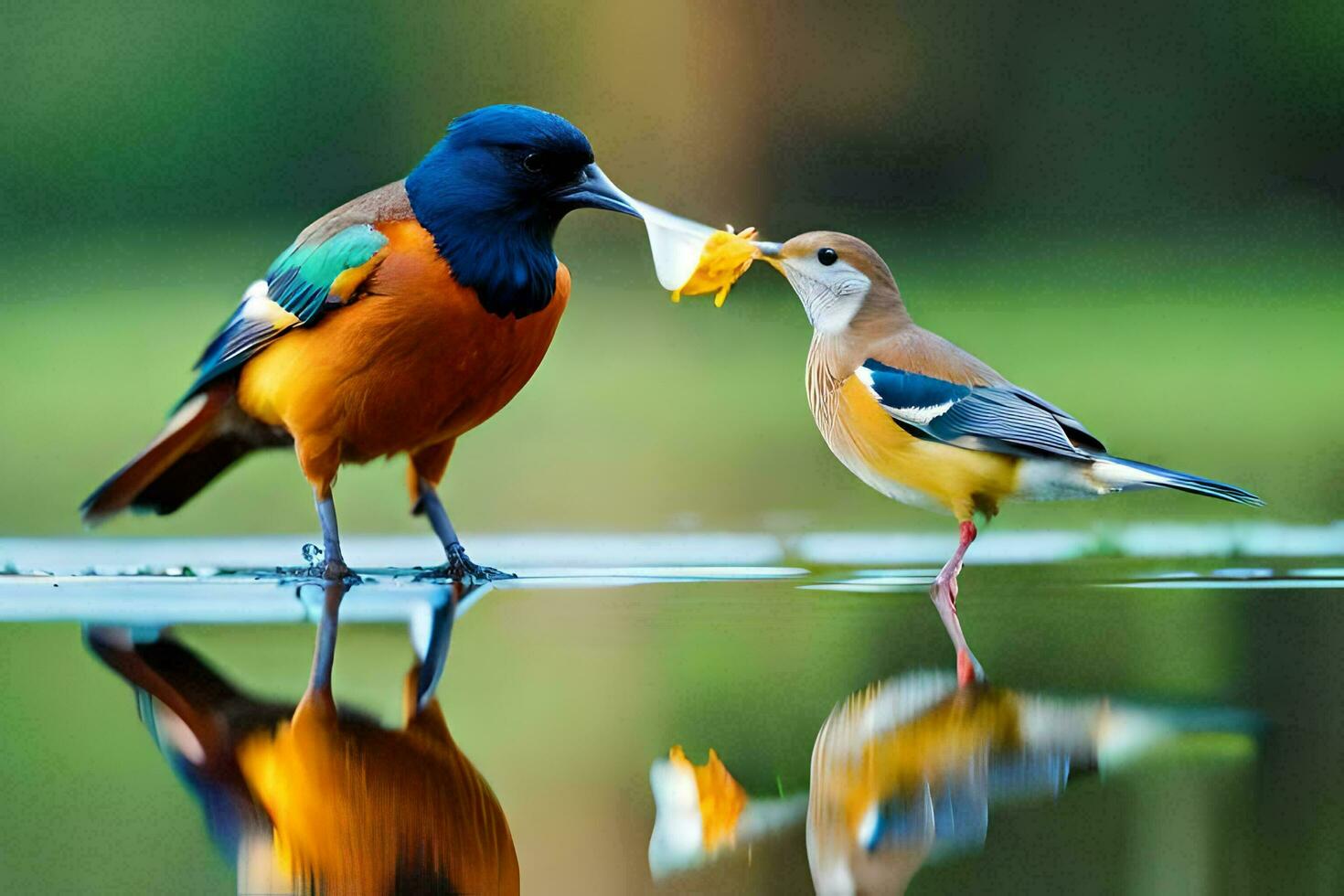 two birds standing on the water with a yellow and blue bird. AI-Generated photo