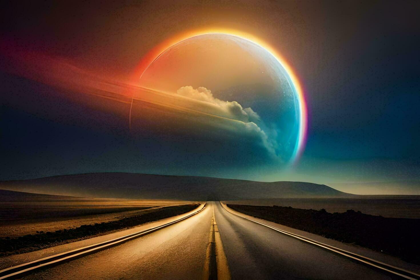 a road with a rainbow in the sky. AI-Generated photo