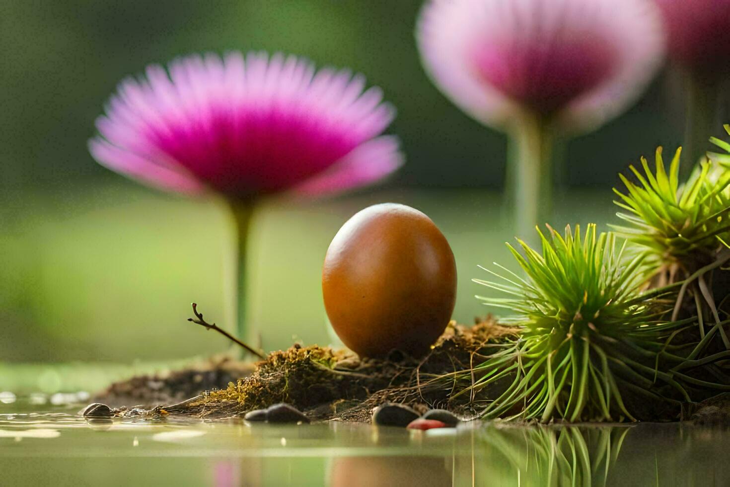 an egg sitting on top of a pond surrounded by flowers. AI-Generated photo