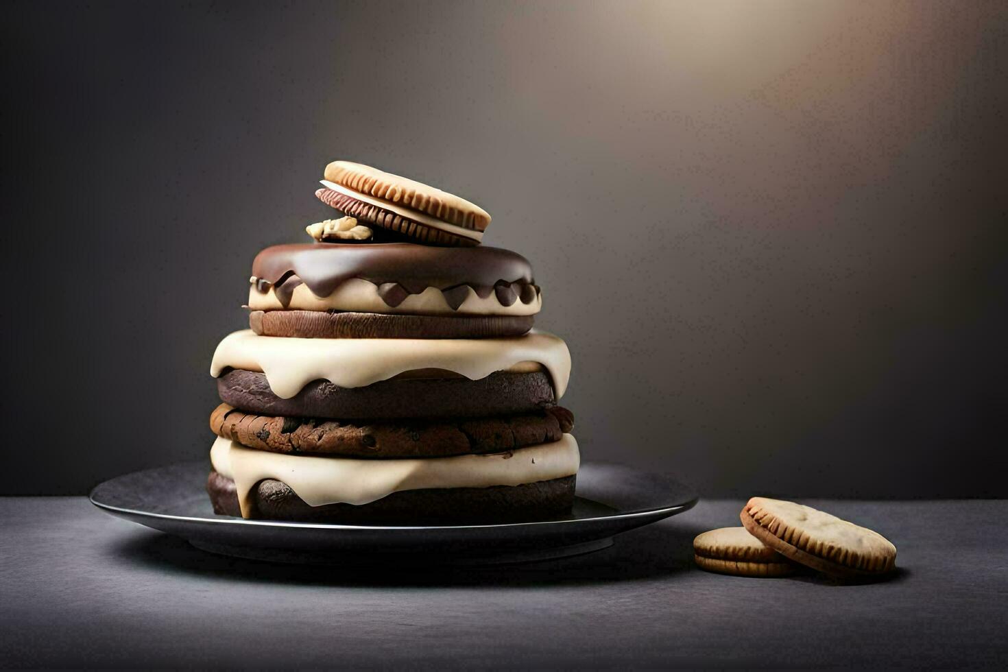 a stack of chocolate cake with cookies on top. AI-Generated photo