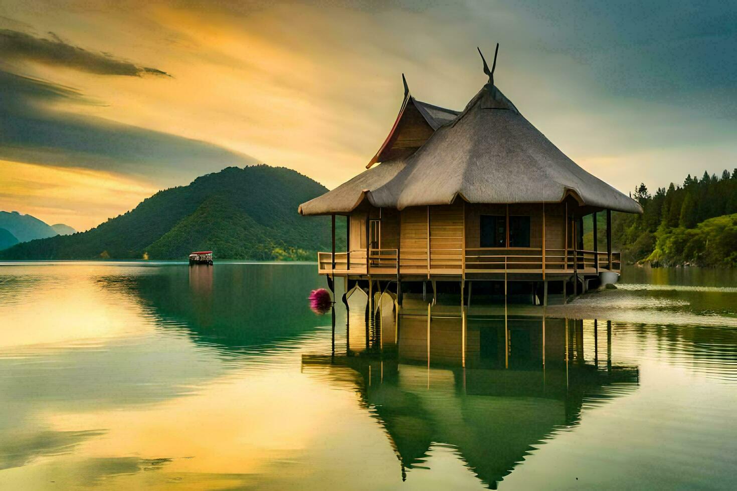 a small hut sits on the edge of a lake. AI-Generated photo