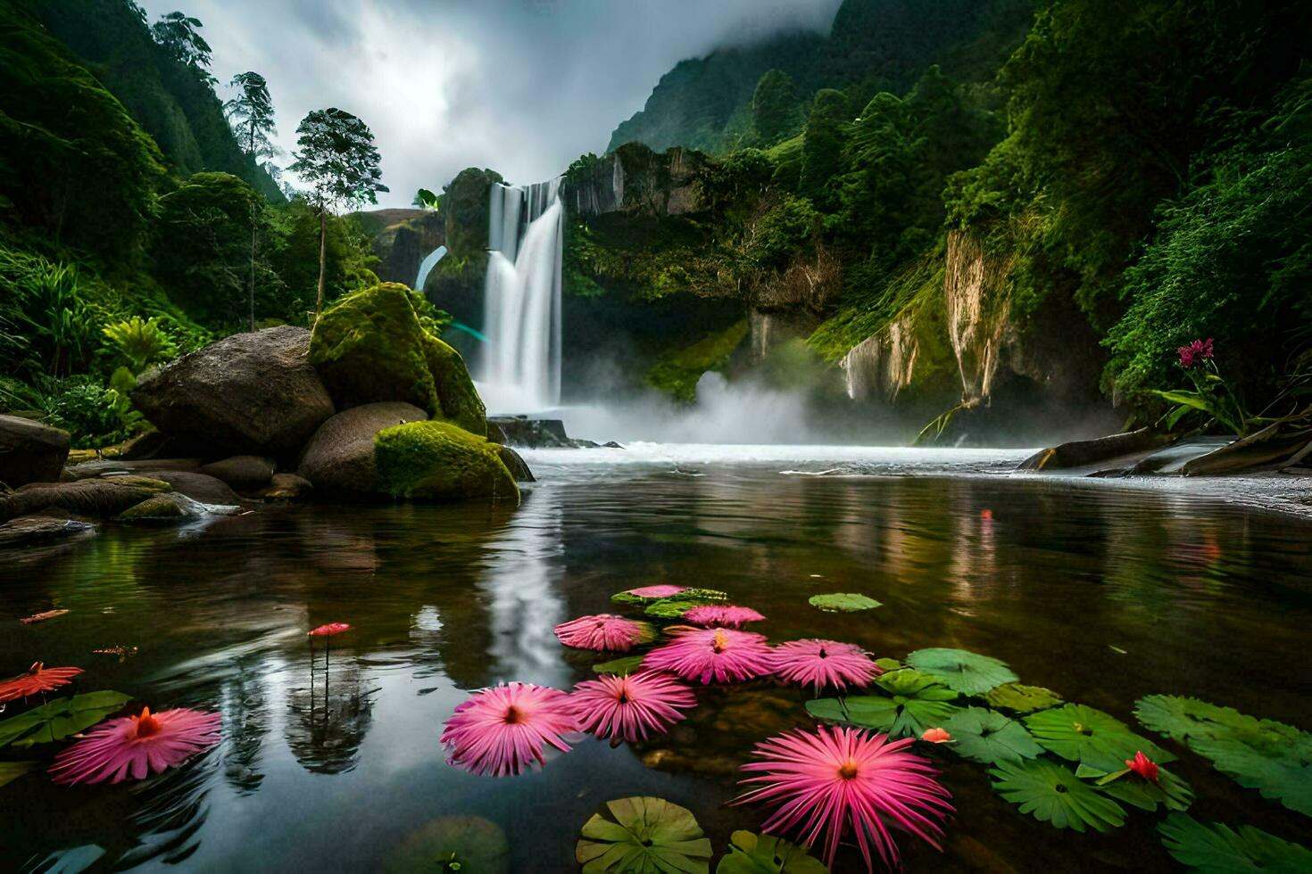 waterfall, water lily, waterfall, water, waterfalls, water lily, water. AI-Generated photo