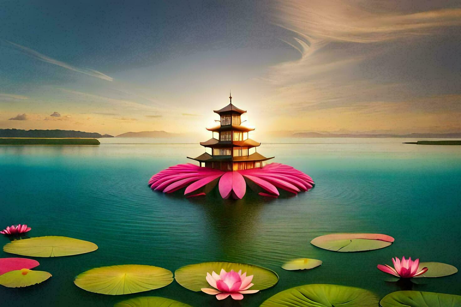 a pagoda floating in the water with lotus flowers. AI-Generated photo