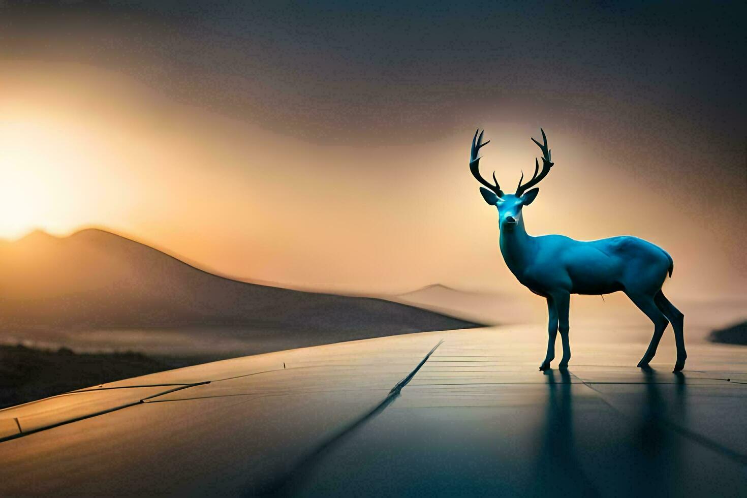a deer stands on the road at sunset. AI-Generated photo