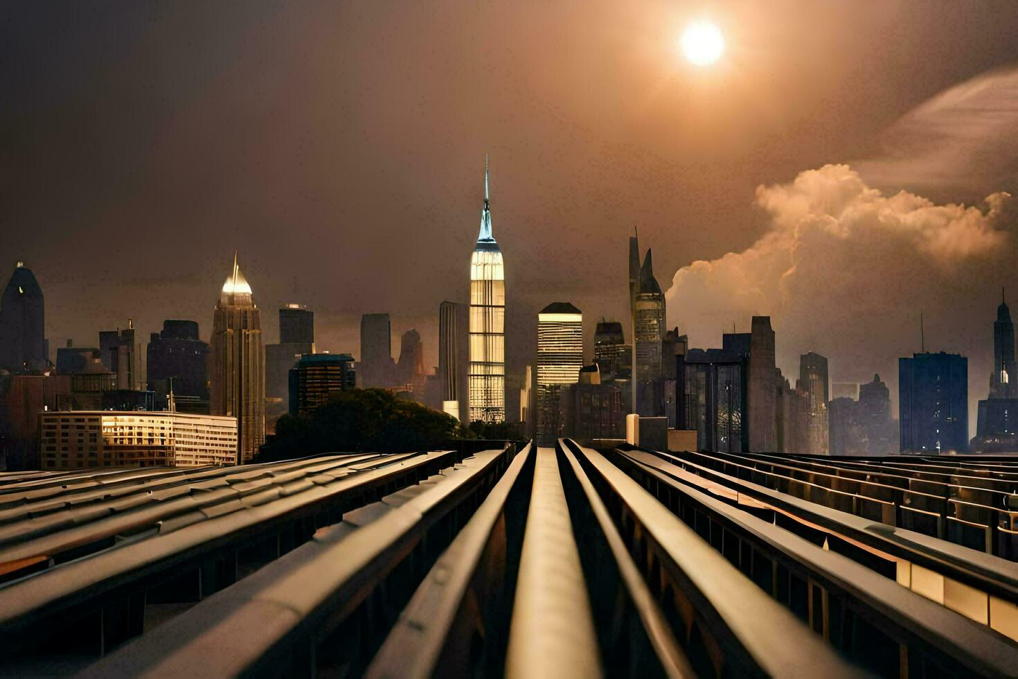 the city skyline is seen from the top of a train track. AI-Generated photo