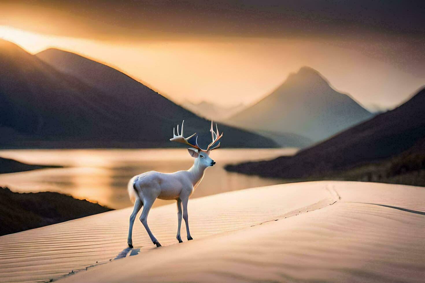 un ciervo soportes en el medio de un desierto. generado por ai foto