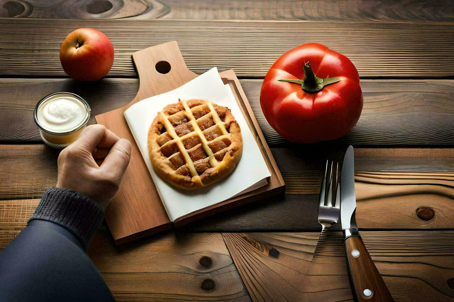 a person is holding a knife and fork next to a waffle. AI-Generated photo