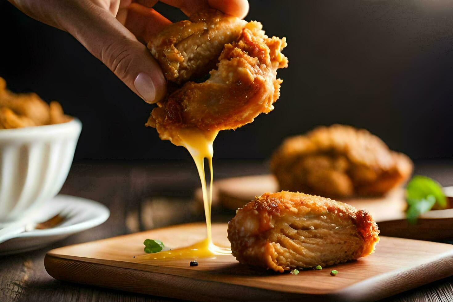 a hand is dipping a piece of chicken nuggets into honey. AI-Generated photo