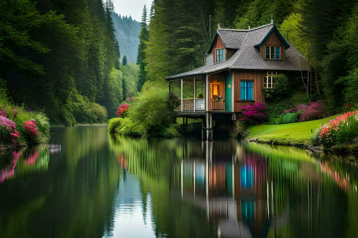 a small house sits on the edge of a lake. AI-Generated photo