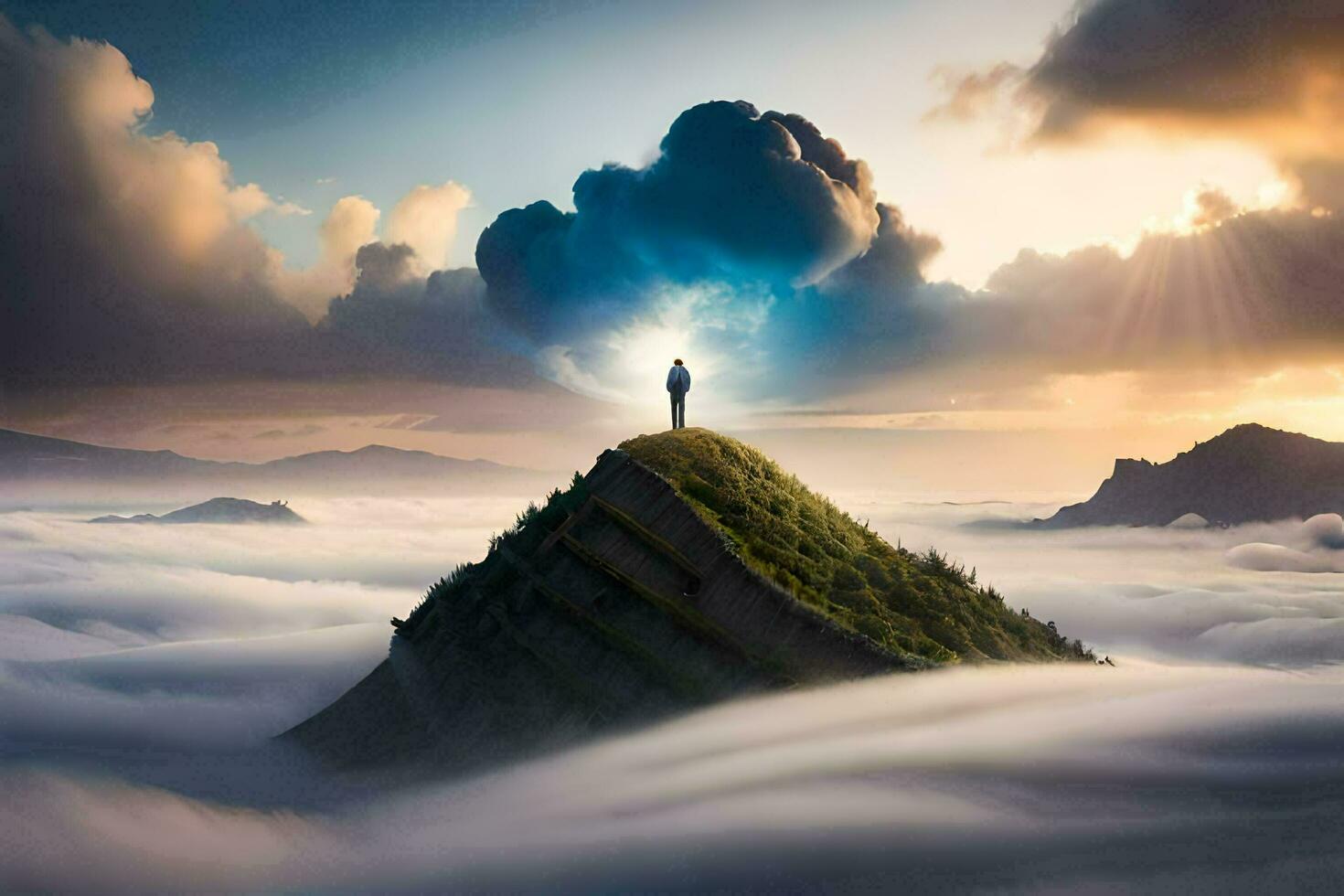 the man standing on top of the mountain with the clouds and the sun. AI-Generated photo