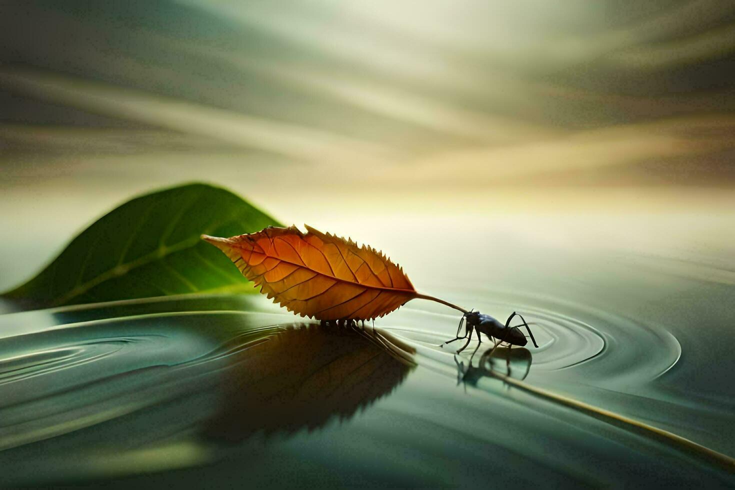 a leaf and a bug on the water. AI-Generated photo