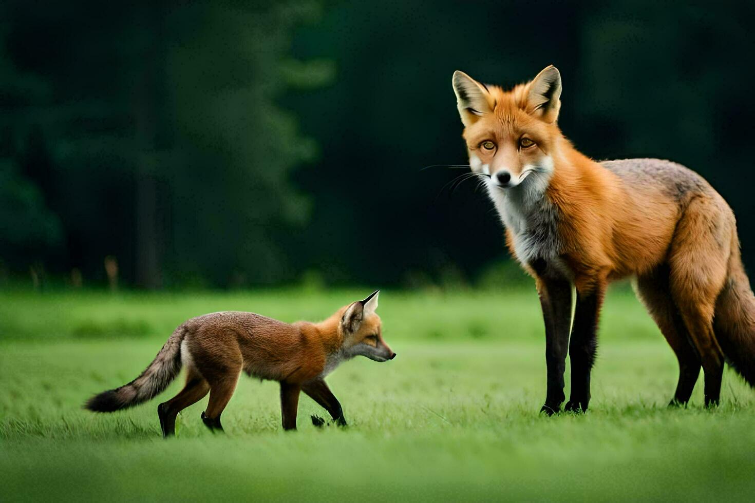 a mother fox and her cub in a field. AI-Generated photo