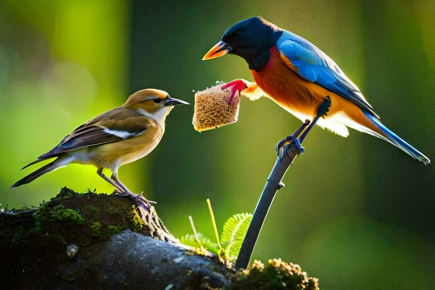 two birds are standing on a branch with food. AI-Generated photo