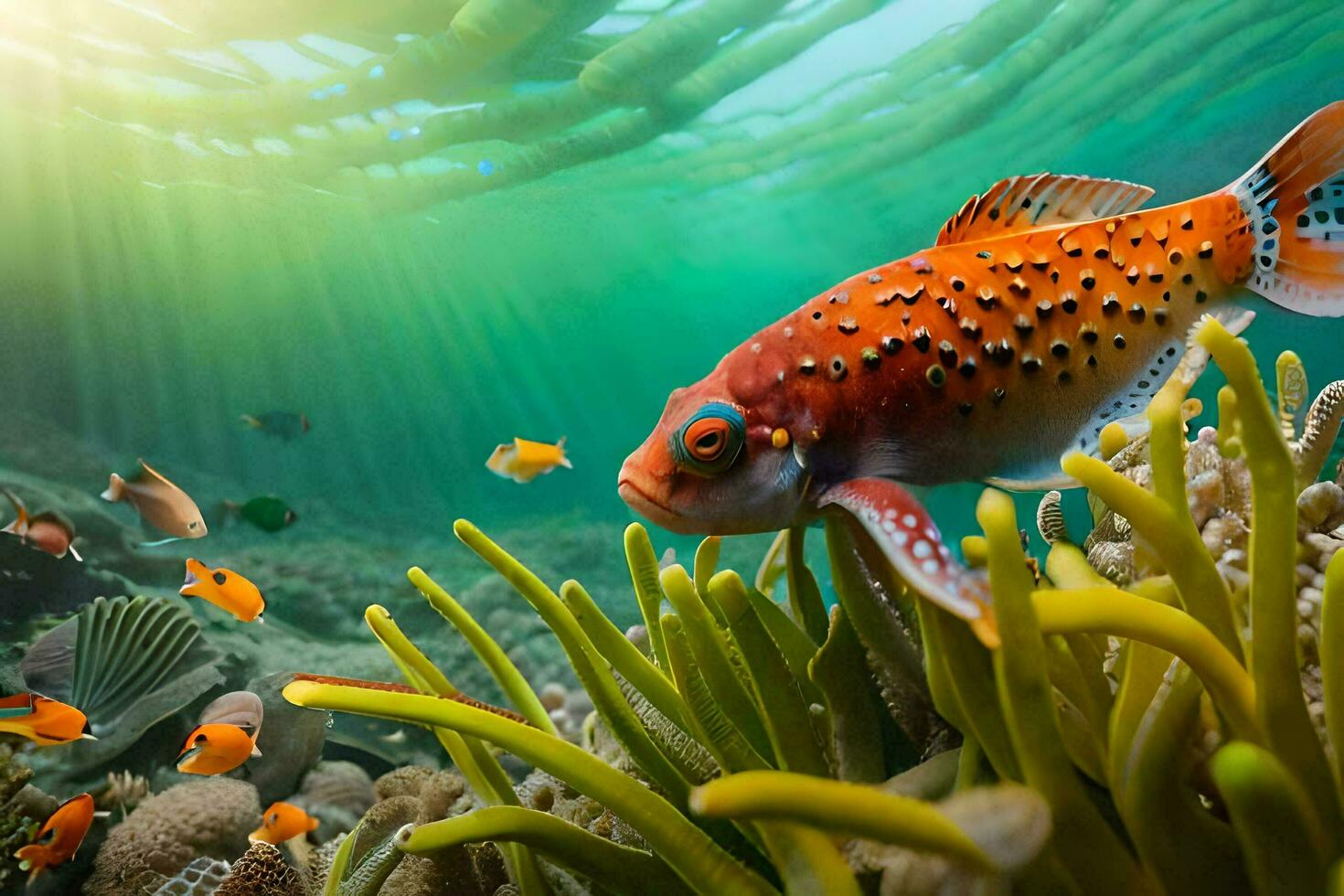 an underwater scene with an orange fish and coral. AI-Generated photo