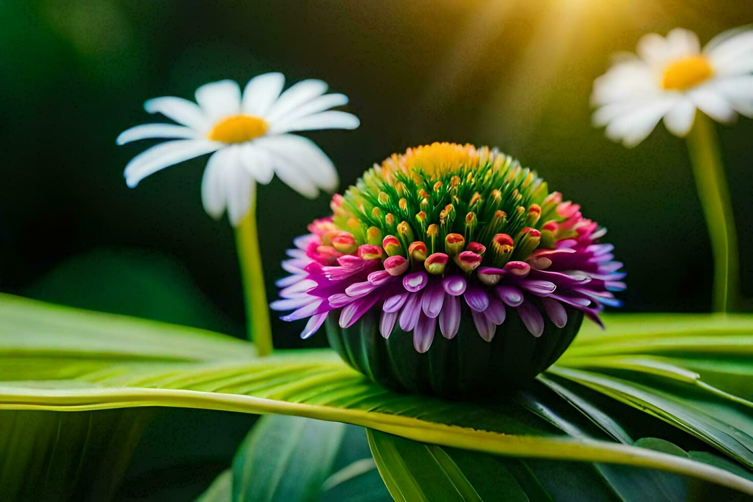 un flor con un vistoso centrar se sienta en un verde hoja. generado por ai foto