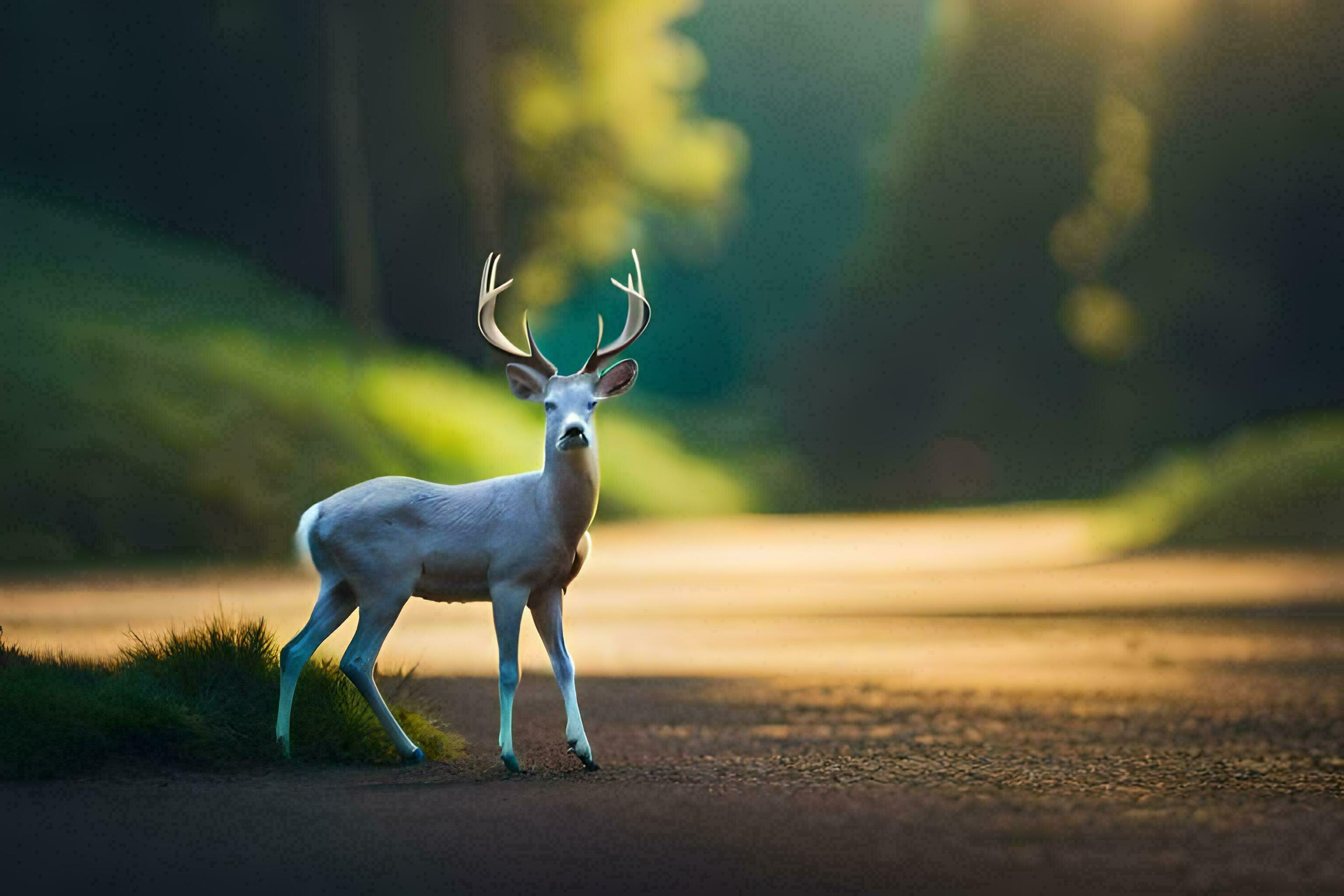 a white deer stands on a road in the woods. AIGenerated 32239566 Stock
