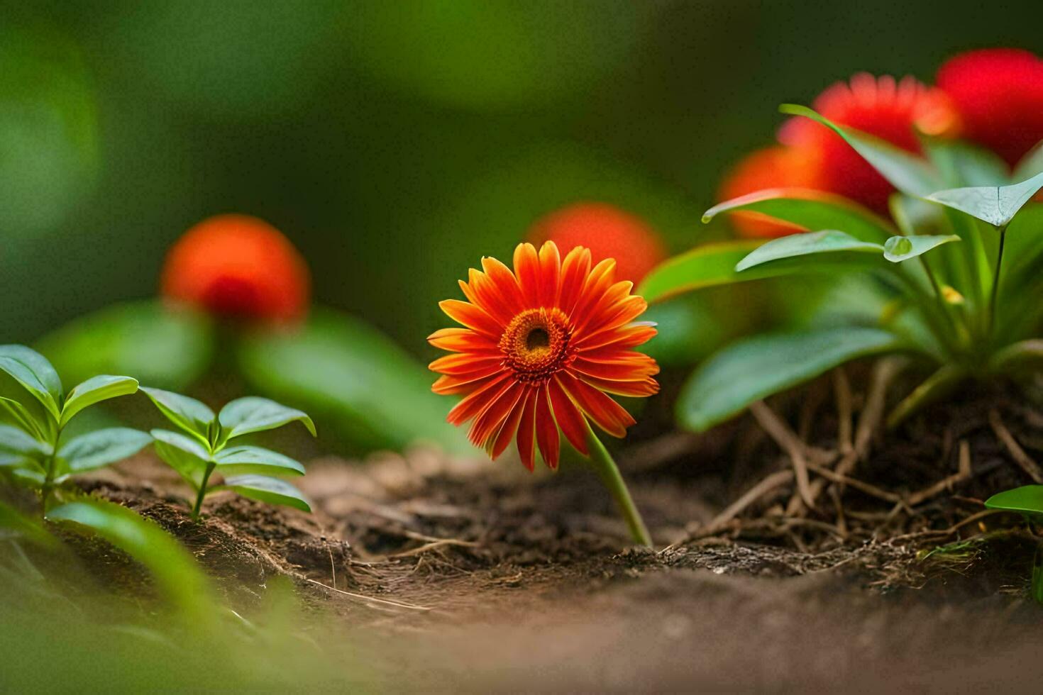 a small orange flower is growing out of the ground. AI-Generated photo