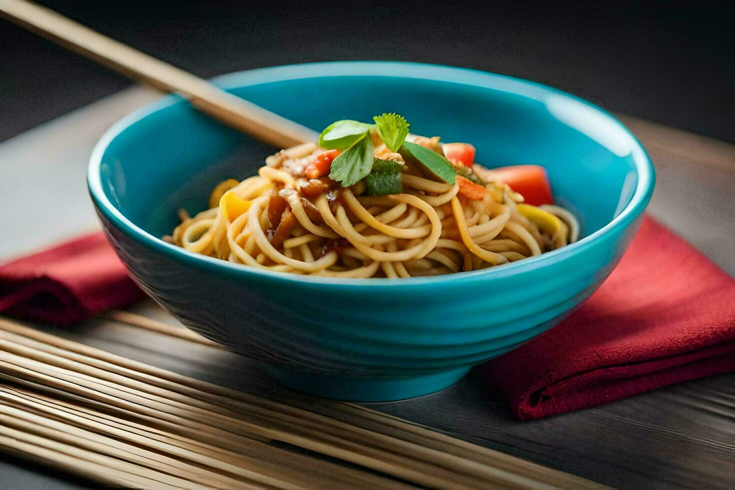 a bowl of pasta with tomato sauce and chopped vegetables. AI-Generated photo