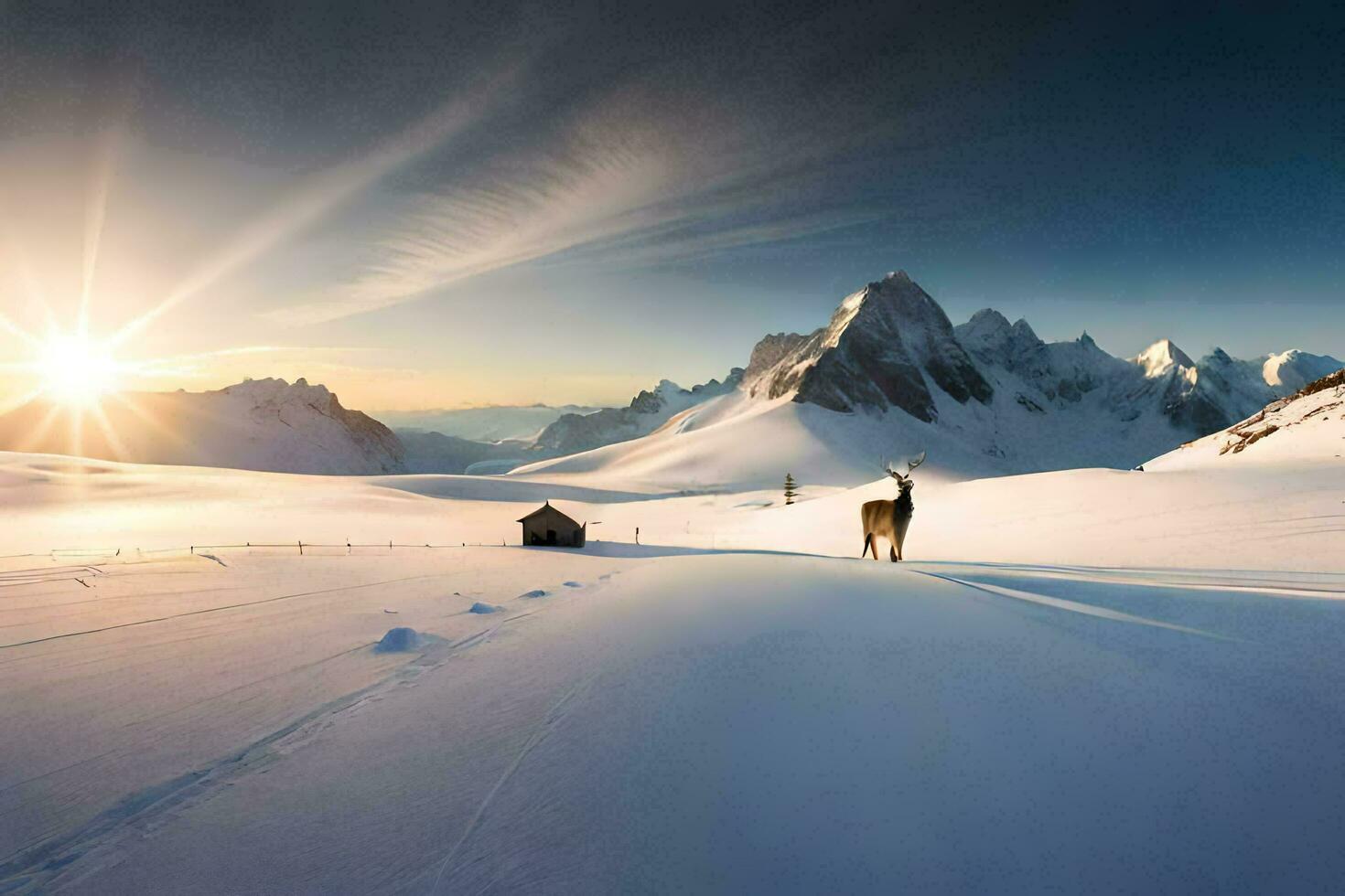 a lone goat stands in the snow in front of a cabin. AI-Generated photo