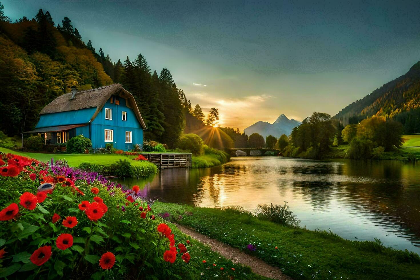 photo wallpaper the sky, flowers, mountains, house, river, sunset, flowers, water,. AI-Generated