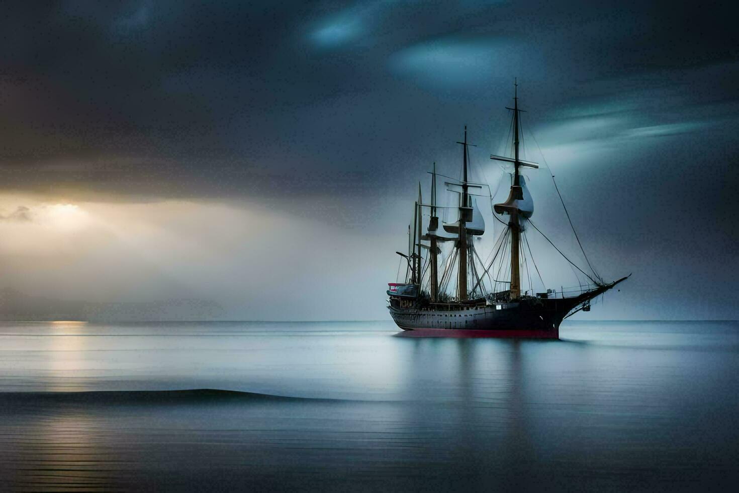 a sailing ship in the ocean under a dark sky. AI-Generated photo