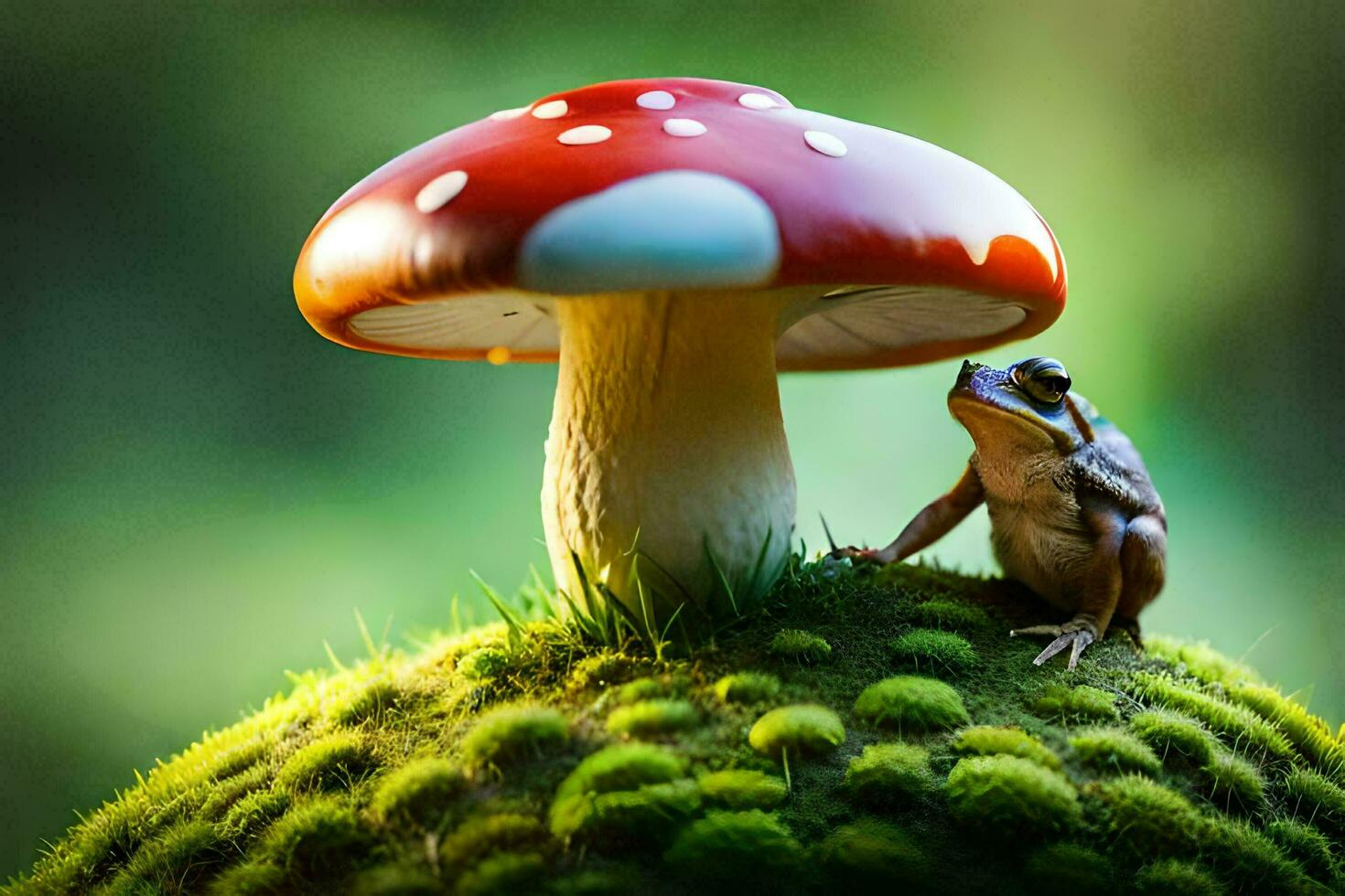 a frog sits on a mushroom in the forest. AI-Generated photo